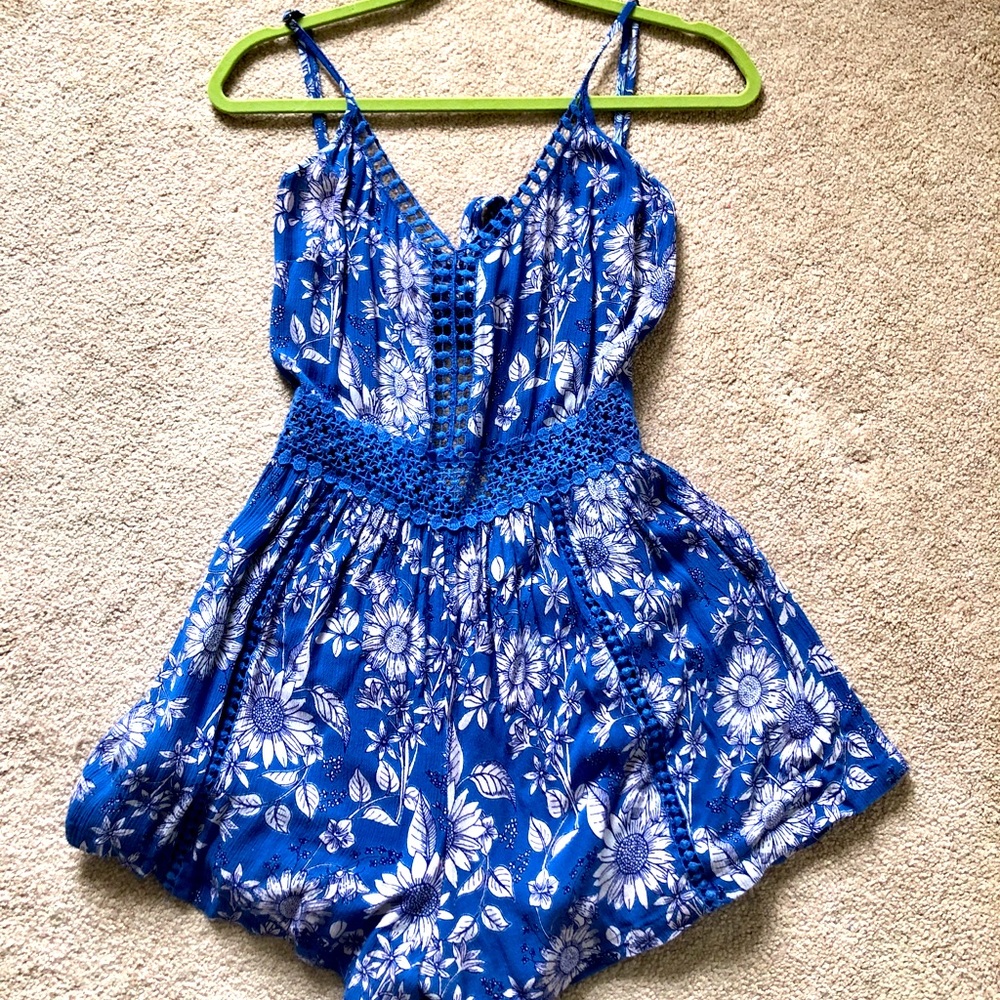 Blue Floral Print Back Cut Out Lace Romper by Angie